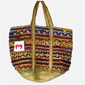 100% Jute Basket Beach Bag Utility Tote - MULTICOLOR